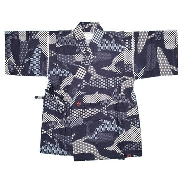 Boy's Cotton Navy Kasuri Print Whale Jinbei set <110,120,130>> - shimazakura