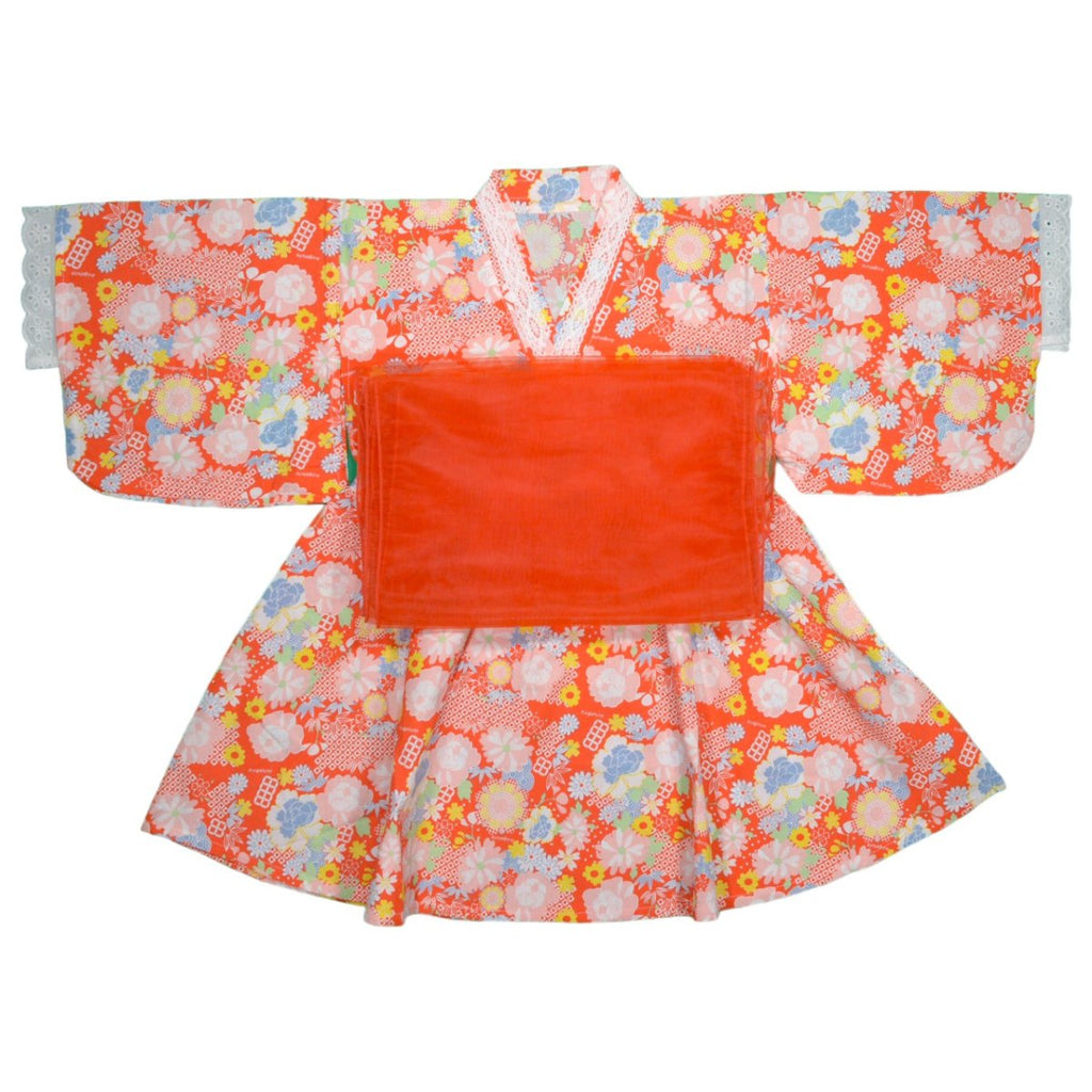 Girl's Red Flower Yukata Dress Set <120,130> - shimazakura