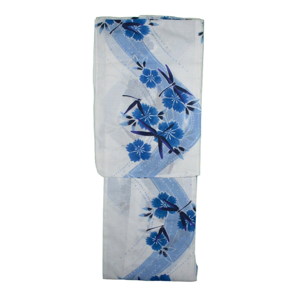 Women's Cotton White and Blue Dragonfly Flower Yukata - shimazakura