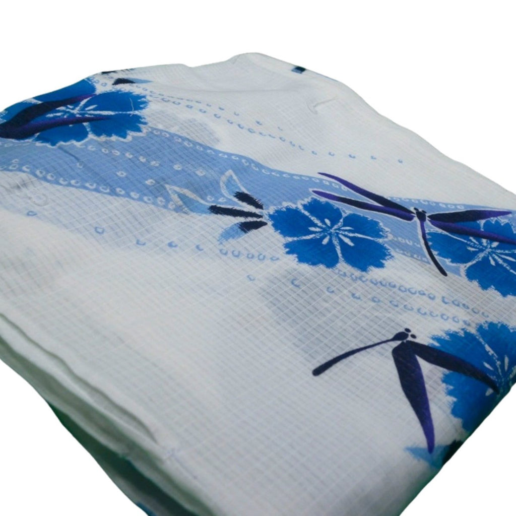 Women's Cotton White and Blue Dragonfly Flower Yukata - shimazakura