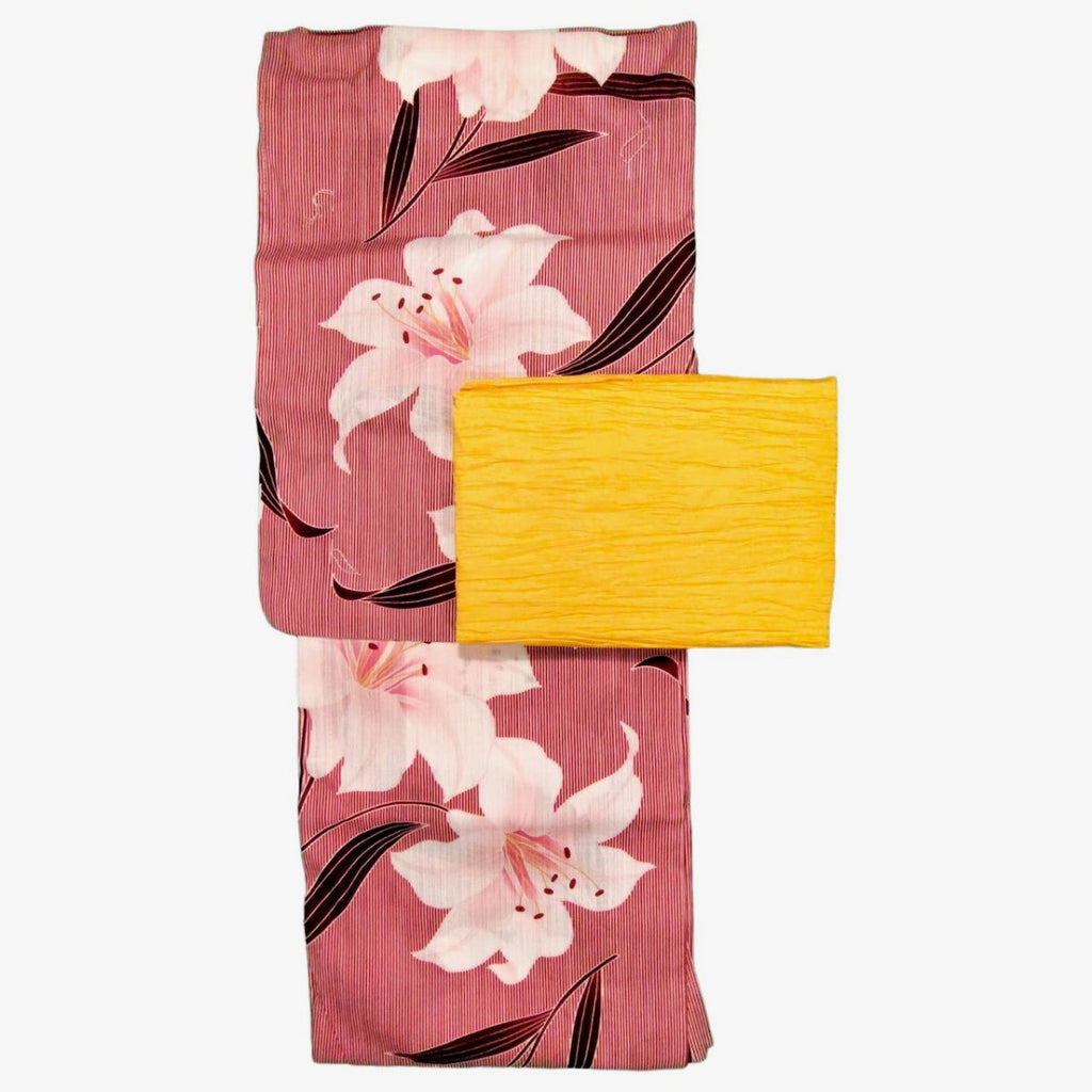 Women's Linen Mix elegant Red Lily Yukata (FULL SET) - shimazakura