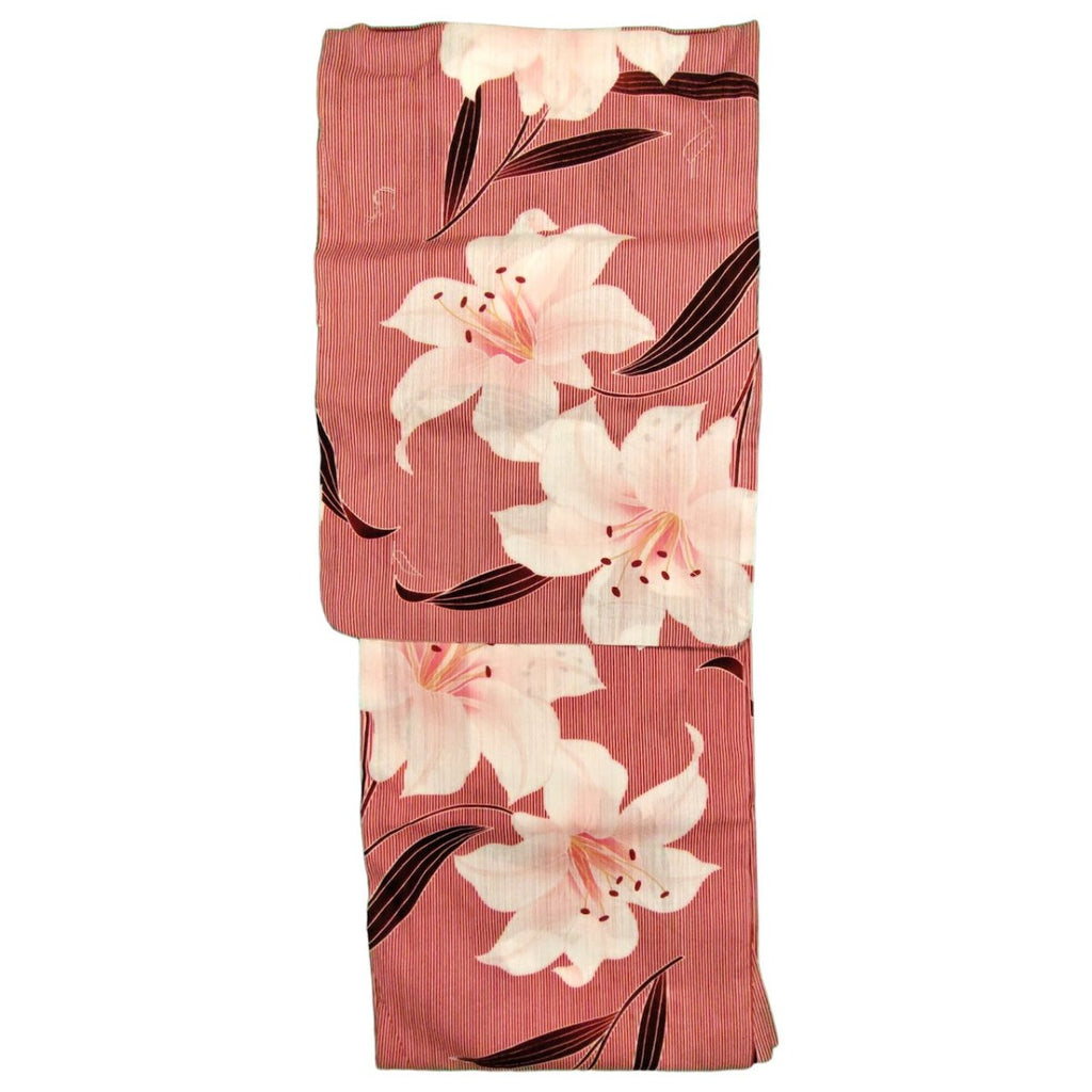 Women's Linen Mix elegant Red Lily Yukata (FULL SET) - shimazakura