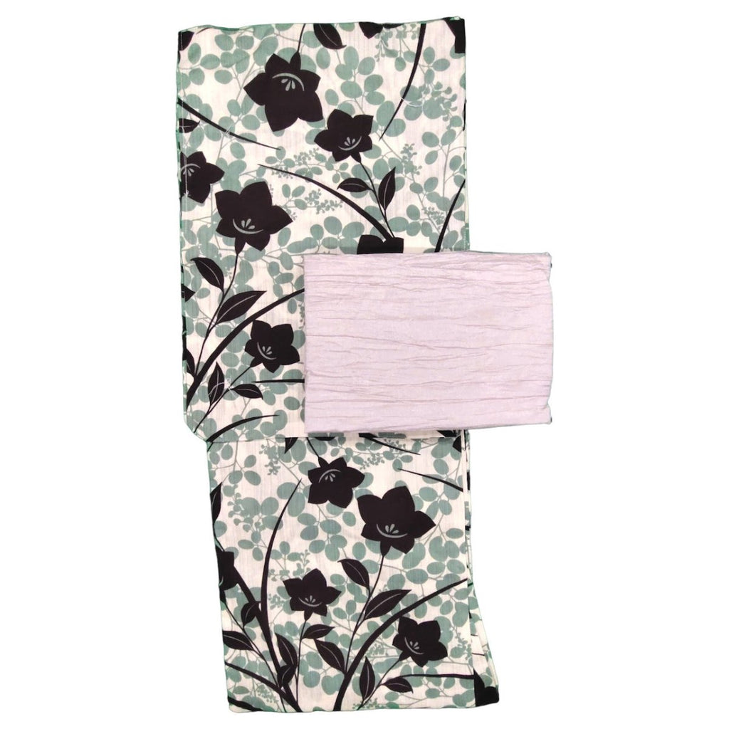 Women's Linen Mix Green and Cream Bellflower Yukata (FULL SET) - shimazakura