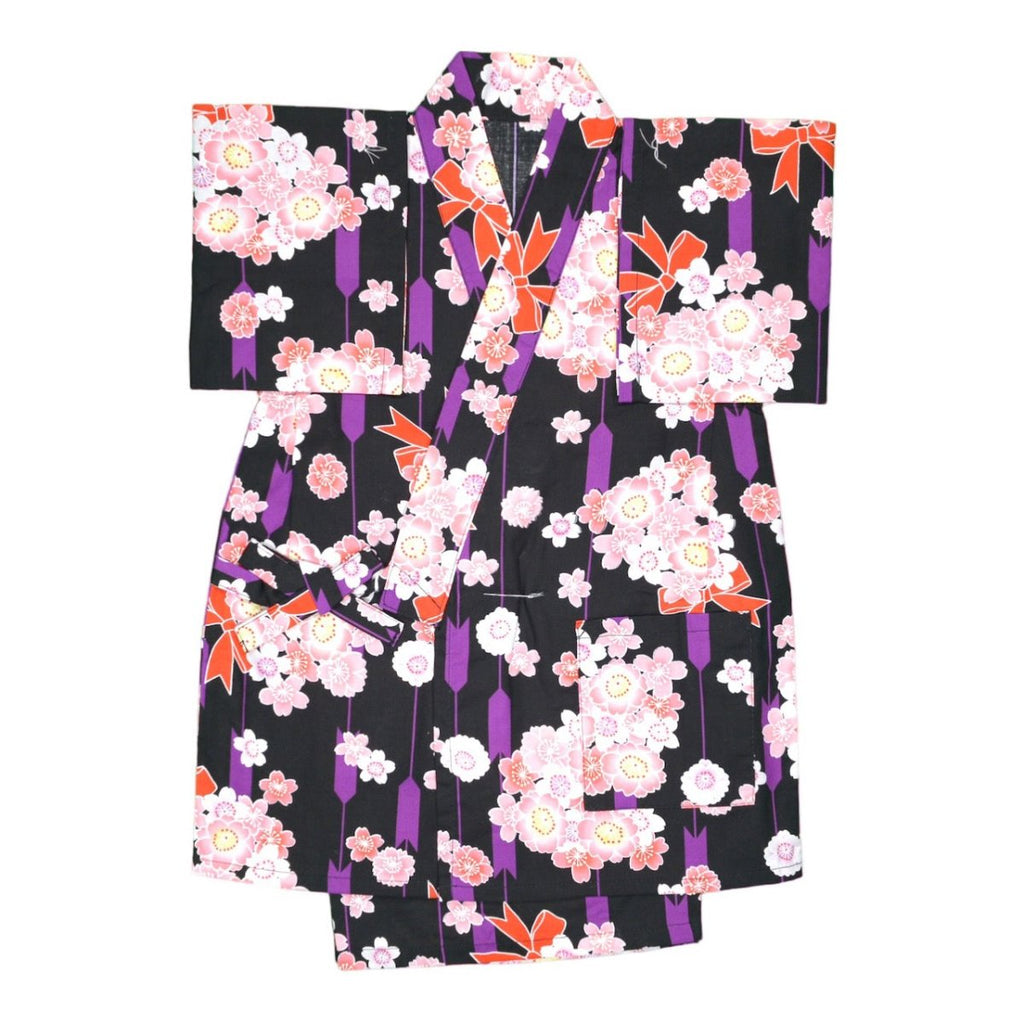 Girl's Black Purple Blossom Cotton Jinbei <110,120> - shimazakura