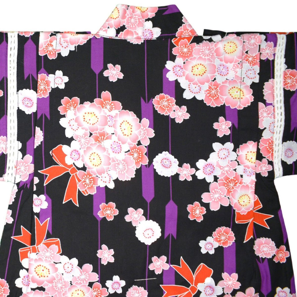 Girl's Black Purple Blossom Cotton Jinbei <110,120> - shimazakura