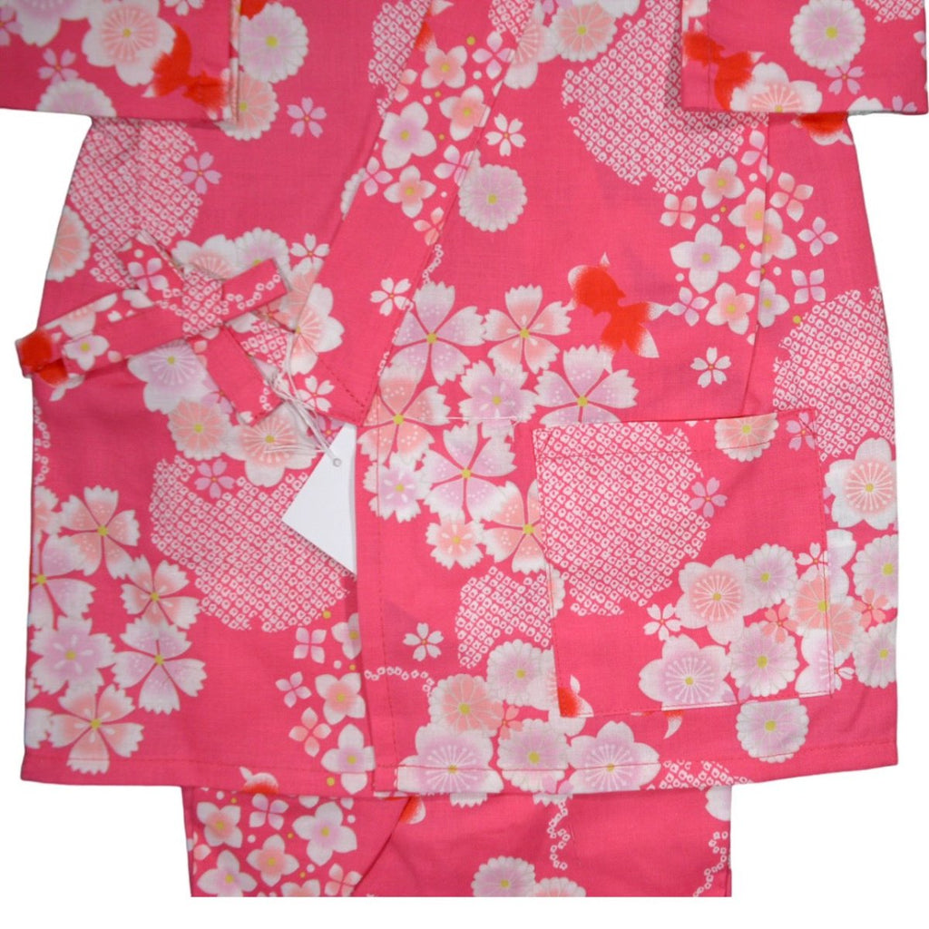 Girl's Pink Goldfish and Blossom Cotton Jinbei <90,130> - shimazakura