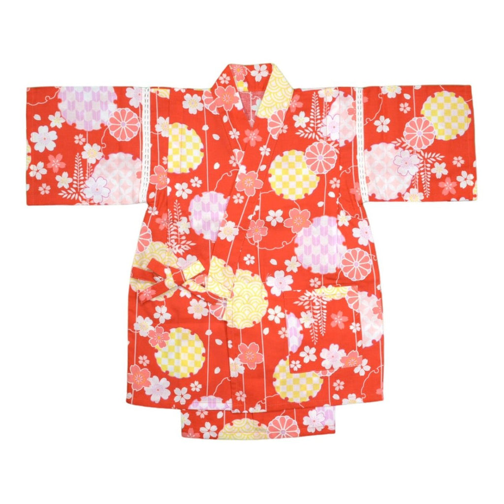 Girl's Red Blossom Cotton Jinbei set <110> - shimazakura