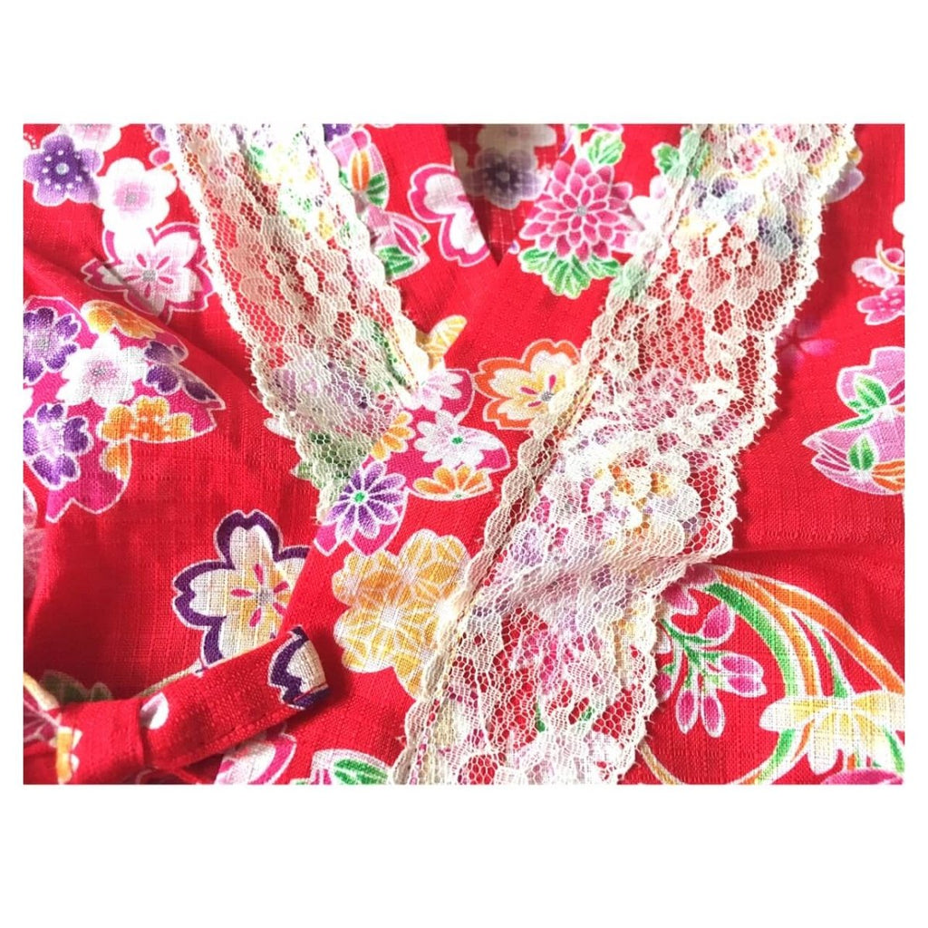 Girl's Red Flower Fluffy Jinbei Yukata Dress Set <110, 130> - shimazakura