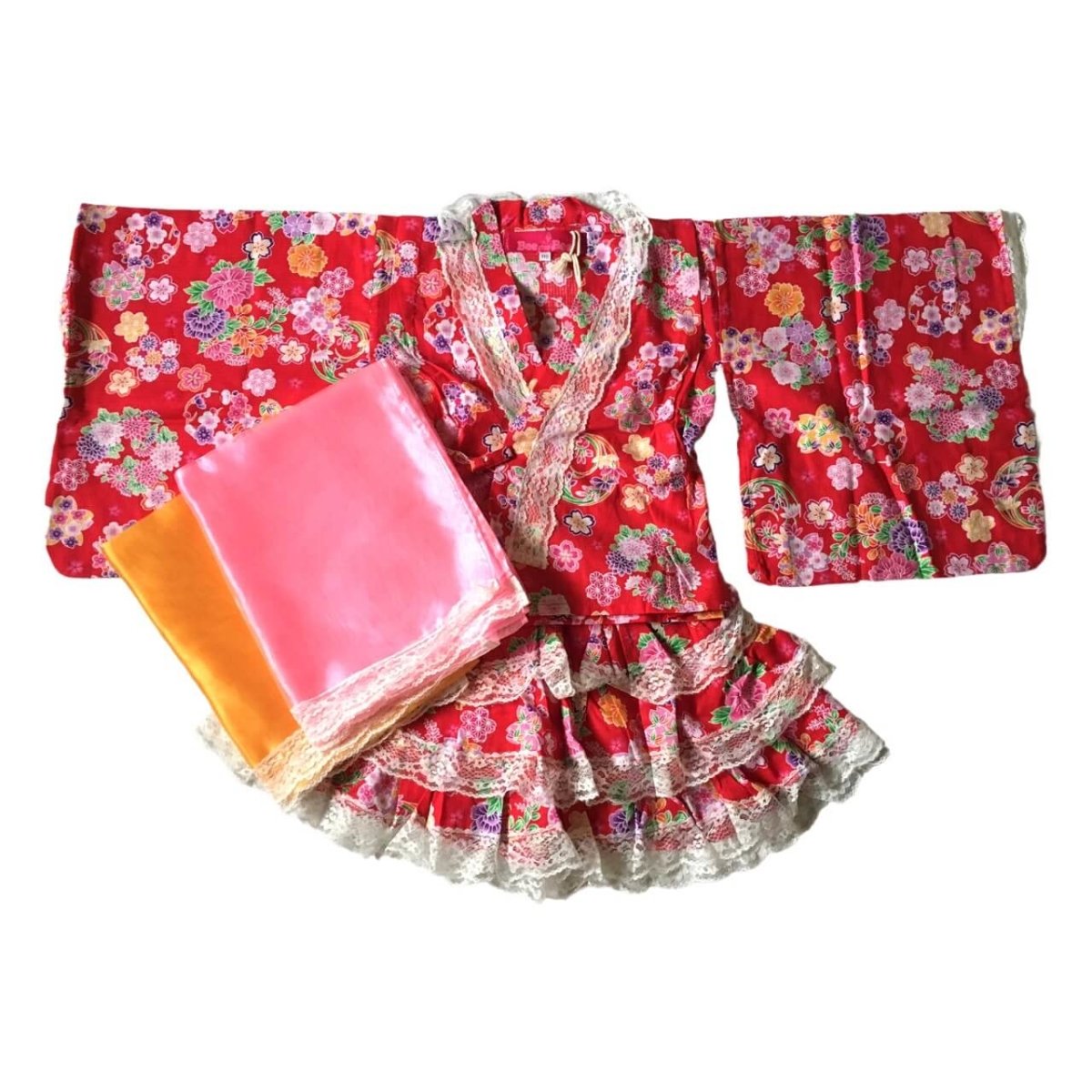 Girl's Red Flower Fluffy Jinbei Yukata Dress Set <110, 130> - shimazakura