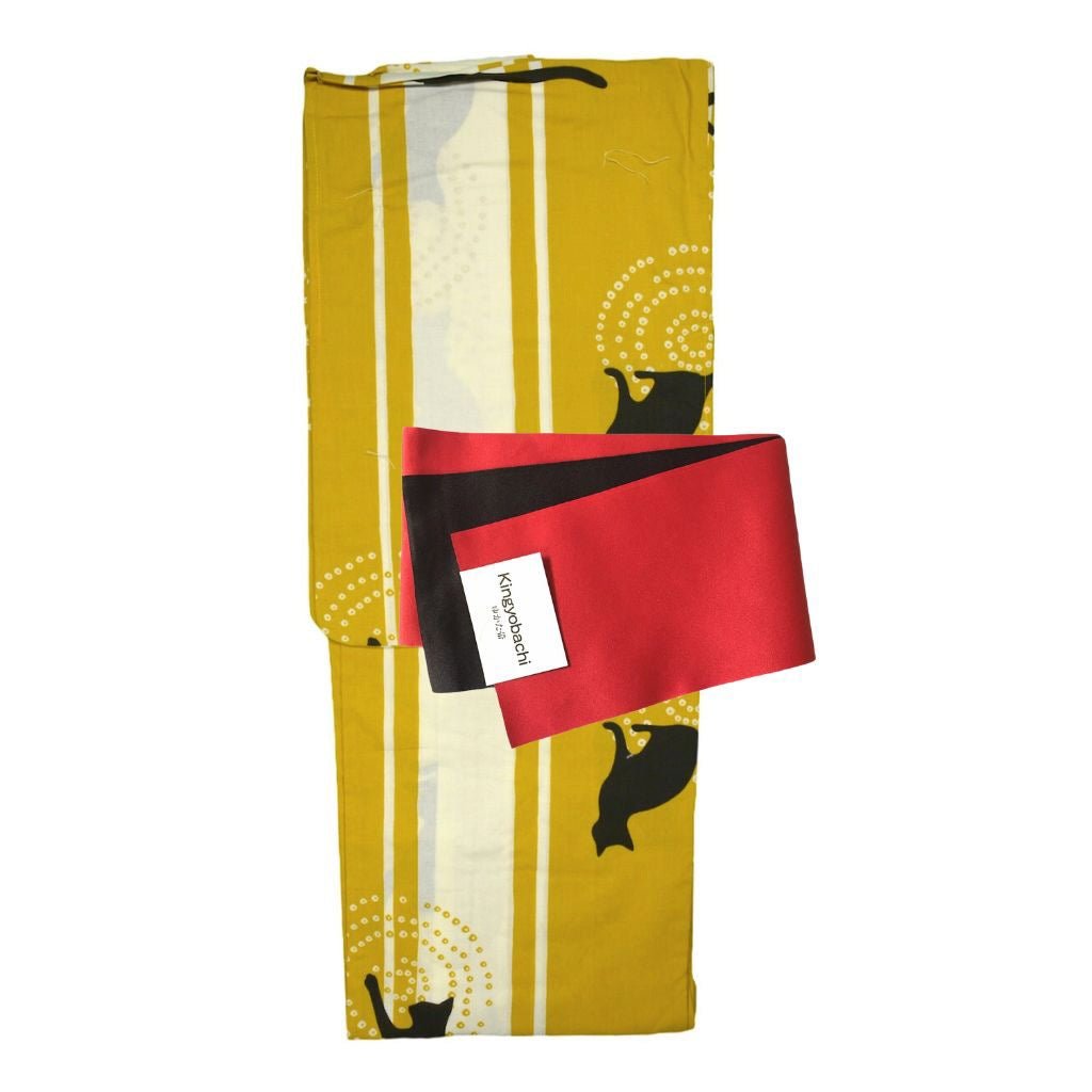 Women's Stylish Mustard Cat Yukata - shimazakura