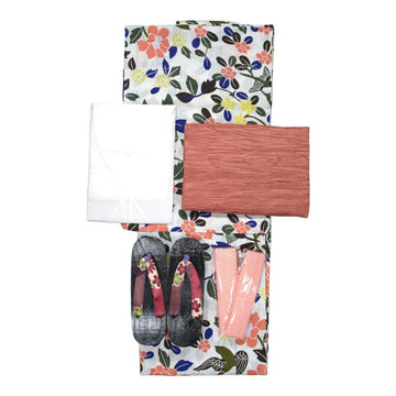 Women's Sweet White and Pink Flower Linen Mix Yukata - FULL SET - shimazakura